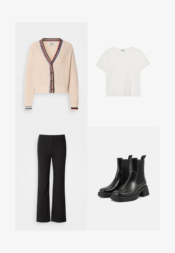 Krémový krátky kardigán s textúrovaným pletením, s V-výstrihom, viacfarebným pruhovaným lemom a drevenými gombíkmi.; Biele tričko s krátkymi rukávmi vyrobené z jemnej bavlny. Má okrúhly výstrih a voľný strih. Čistý dizajn bez viditeľných vzorov alebo akcentov.; Čierne nohavice z bavlneného zmesového materiálu s rovnými nohavicami, predným zapínaním na gombík a dvoma bočnými vreckami. Hladká textúra, žiadne viditeľné vzory.; Čierne kožené Chelsea čižmy s robustným podpätkom, elastickými bočnými panelmi a kontrastným bielym prešívaním. Textúrovaný povrch.