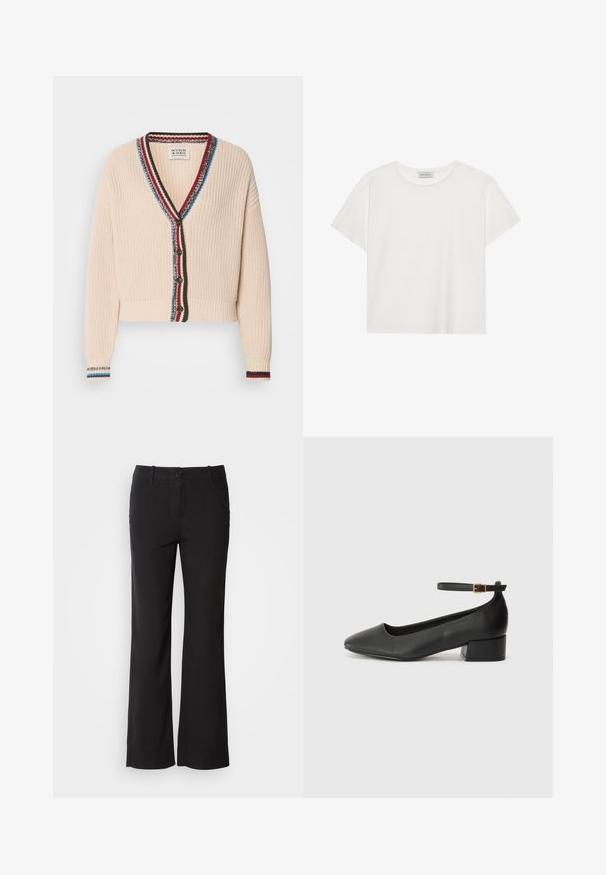 Kreemivalge lühikeste varrukatega kardigan tekstuuriga kudumisega, millel on V-kujuline kaelus, mitmevärviline triibukujundus ja puidust nööbid.; Valge lühikeste varrukatega t-särk, mis on valmistatud pehmest puuvillast. Omab ümmargust kaelust ja mugavat lõiget. Puhtad jooned, ilma nähtavate mustrite või aktsentideta.; Mustad puuvillasegu püksid sirge lõikega, ees nupuga kinnitamine ja kaks külge taskut. Sile tekstuur, nähtavaid mustreid ei ole.; Must mustaapp, millel on terav nina ja madal blokk-kand. Omab pahkluu rihma koos kuldse tooni pandlaga. Sile tekstuur.