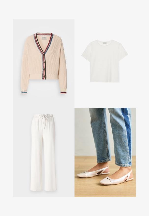 Cream-colored cropped cardigan with a textured knit, featuring a V-neckline, multicolored striped trim, and wooden buttons.; White short-sleeve T-shirt made of soft cotton. Features a round neckline and relaxed fit. Clean design with no visible patterns or accents.; White wide-leg pants made of soft fabric, featuring a drawstring waist and smooth texture. No patterns or embellishments visible.; Pale pink slingback flats with a pointed toe, made from a smooth leather-like material. Features cut-out details at the sides and a flat heel.