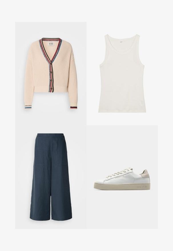 Krémový zkrácený kardigan s texturovaným pletením, s výstřihem do V, multibarevným pruhovaným lemem a dřevěnými knoflíky.; Bílý bavlněný top bez rukávů s širokým výstřihem a tenkými ramínky. Hladká textura bez viditelných vzorů nebo ozdob.; Široké kalhoty v námořnické modři, vyrobené z lehké tkaniny. Mají mírně texturovaný povrch, elastický pas a přední švy.; Bílé kožené tenisky s hladkým povrchem, béžovými semišovými akcenty, kulatou špičkou, plochým šněrováním a texturovanou gumovou podrážkou.