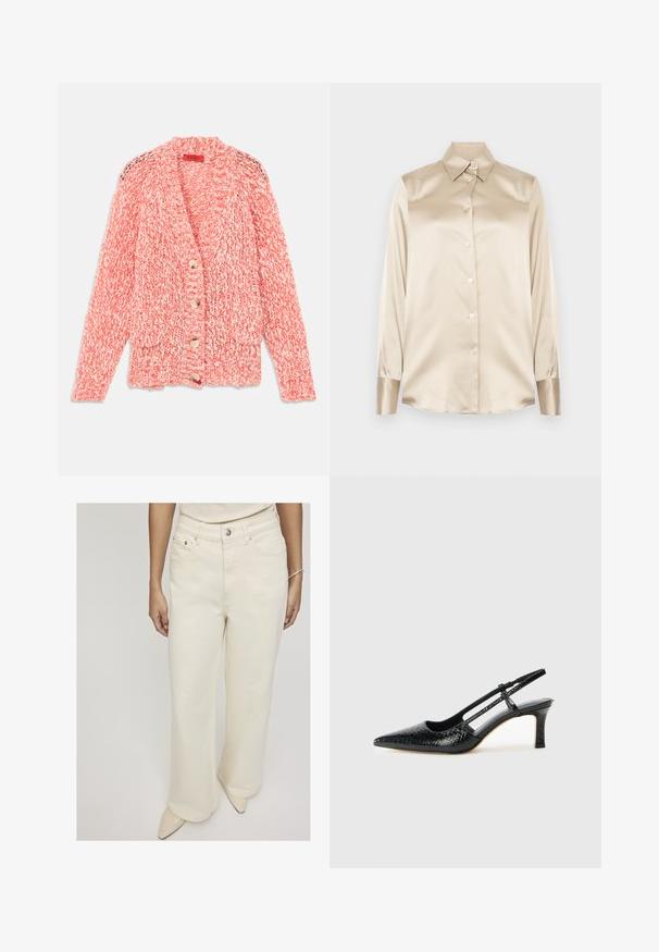 Strikkejakke i korall og krem, med sjalkrage, tre knapper og to frontlommer med et strukturert mønster.; Beige satengskjorte med spiss krage, lange ermer, knappestillinger og mansjetter i en litt glansfull finish. Ingen mønstre eller aksenter.; Kremfargede vidde jeans laget av denim, med høy livhøyde, frontlommer og en enkeltknapplukking for en avslappet passform.; Sorte patent slingback hæl med spids tå, featuring tekstureret slangeskind, justerbar rem og en kort, tekstureret blokhæl.