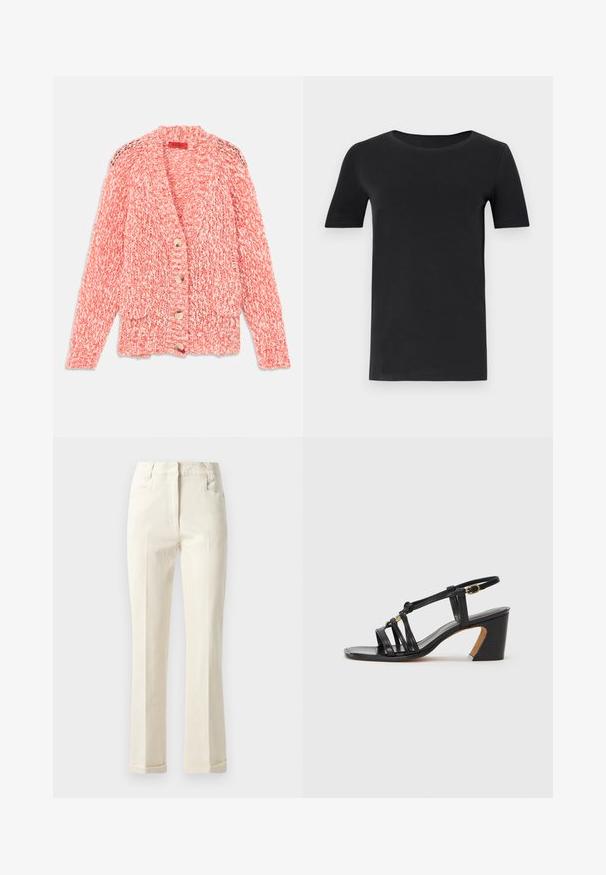 Adīts kardigans korallkrāsā un krēmkrāsā, ar šalles apkakli, trim pogām un divām priekšējām kabatām ar teksturētu rakstu.; Melnas īsām piedurknēm T-krekls, kas izgatavots no mīkstas kokvilnas, ar apaļu kakla izgriezumu un klasisku piegriezumu. Gluda tekstūra, bez rakstiem vai rotājumiem.; Beidzas taisnās kājas bikses, kas izgatavotas no kokvilnas maisījuma, ar vidēju vidukļa augstumu, priekšējām kabatām un smalku tekstūru uz virsmas.; Paul Smith AMIRA - Klasiski papēži - black