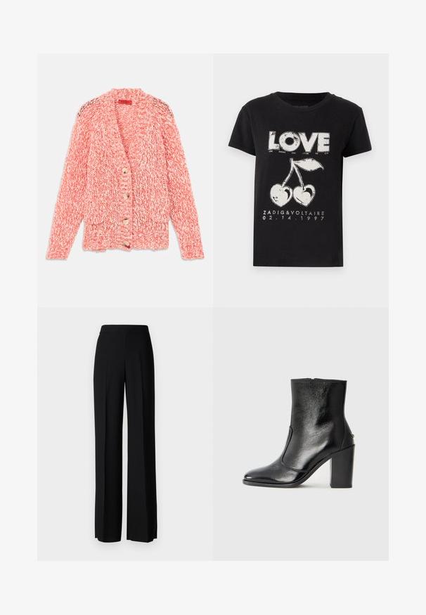 Sweter zapinany na guziki w kolorze koralowym i kremowym, z kołnierzem szalowym, trzema guzikami oraz dwiema frontowymi kieszeniami posiadającymi teksturowany wzór.; Czarny bawełniany t-shirt z białym nadrukiem graficznym przedstawiającym słowo "LOVE" oraz dwie wiśnie w kształcie serca, a także tekst marki i datę.; Czarne spodnie o szerokim kroju, o gładkiej fakturze, z wysokim stanem i centralnymi kantami. Brak widocznych wzorów lub detali metalowych.; Czarne skórzane botki za kostkę o gładkiej fakturze, spiczastym nosku i grubym wysokim obcasie. Posiadają boczne wycięcie i minimalistyczny design.