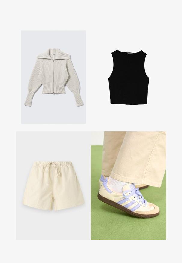 Light gray cropped sweater with a wide ribbed texture, large collar, full zipper, and voluminous sleeves for a comfortable fit.; Black sleeveless crop top made of smooth fabric, featuring a round neck and a clean, simple design without patterns or hardware.; Beige elastic waistband shorts with a drawstring tie, featuring a relaxed fit and smooth texture. No visible pockets or patterns.; Cream and lavender sneakers with three stripes and a textured brown sole, featuring laces and a padded heel. Soft fabric upper.