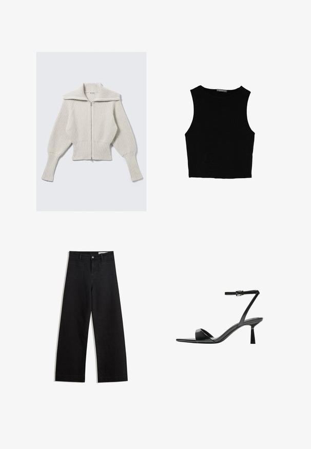 Hellgrauer, verkürzter Pullover mit grobem Rippmuster, großem Kragen, vollem Reißverschluss und voluminösen Ärmeln für eine bequeme Passform.; Schwarzes ärmelloses Crop-Top aus glattem Stoff, mit rundem Ausschnitt und einem klaren, schlichten Design ohne Muster oder Beschläge.; Schwarze weit geschnittene Jeans mit hoher Taille, ausgestattet mit Vorder- und Hintertaschen, gesteppten Nähten und einem Knopfverschluss. Glatte Textur.; Bershka High Heel Sandalette - black