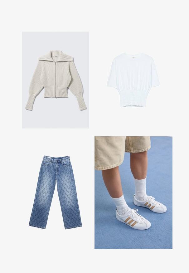Jasnoszara, krótka bluza z szerokim prążkowanym wzorem, dużym kołnierzem, pełnym zamkiem błyskawicznym i obszerne rękawy, zapewniająca wygodne dopasowanie.; Biała koszulka z krótkim rękawem o luźnym kroju i marszczonym wykończeniu w talii. Wykonana z miękkiego, lekkiego materiału.; Szerokie jeansy denim w jasnoniebieskim kolorze z pikowanym wzorem w diamenty, posiadające pięć kieszeni oraz zapięcie na guzik w talii.; Białe sneakersy z trzema złotymi paskami, sznurowane, z gumową podeszwą, noszone z prążkowanymi białymi skarpetkami i beżowymi szortami na niebieskiej powierzchni.
