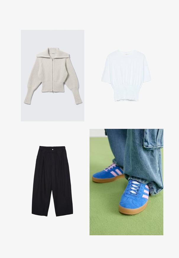 Lichtgrijze cropped trui met een brede geribbelde textuur, grote kraag, volledige rits en volumineuze mouwen voor een comfortabele pasvorm.; Witte T-shirt met korte mouwen in een relaxte pasvorm en gerimpelde textuur bij de taille. Gemaakt van zachte, lichtgewicht stof.; Zwarte polyester culottes met een elastische tailleband, twee voorkreukels en een losse pasvorm. Geen zichtbare patronen of hardware-details.; Blauwe suède schoenen met roze strepen en witte veters, voorzien van een gumrubberen zool, gecombineerd met losse denim broek op een groene ondergrond.