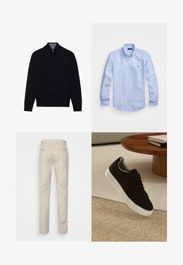 Sort zip-jakke med høj krave, ribbede manchetter og to sidelommer. Fremstillet af et glat, struktureret materiale.; Blå og hvid stribet langærmet skjorte lavet af bomuld, med knap-ned krave, frontknapper og et lille broderet logo på brystet.; Beige bukser med en glat overflade, lige snit, to baglommer med knapper og en standard talje.; Sort sneaker med hvid sål svævende over en beige tekstureret tæppe nær et rundt trætabel med stablede bøger.