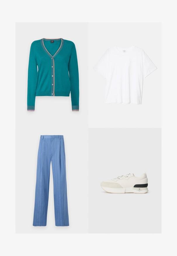 PS Paul Smith WOMENS BUTTON THROUGH - Casaco de malha - blue; T-shirt de algodão branco com mangas curtas, decote redondo, corte descontraído e bainha cosida. Etiqueta visível no interior do pescoço.; Calças largas de treino azul claro com riscas brancas verticais. Feitas de material liso, apresentam um plissado frontal e um design de cintura limpa.; Sneaker branco com biqueira em camurça texturizada, parte superior em malha lisa, atacadores decorativos e um detalhe na parte de trás em borracha preta.