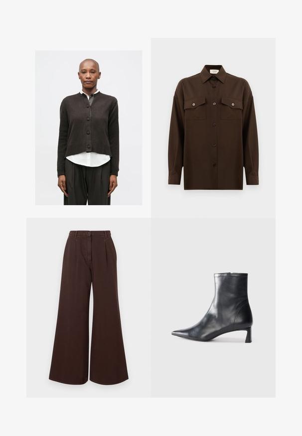 Łysa kobieta ubrana w ciemny kardigan, białą koszulę, szerokie ciemne spodnie, czarne botki za kostkę i trzymająca ciemną torbę na ramię, stojąca na białym tle.; Ciemnobrązowa, długa koszula z guzikami, z dwiema kieszeniami na klatce piersiowej i klasycznym kołnierzykiem, zaprezentowana na jednolitym białym tle.; Brązowe spodnie z wysokim stanem i szerokimi nogawkami, z zapięciem na guzik i zamek błyskawiczny, szlufkami na pasek oraz plisami z przodu.; Czarne skórzane botki sięgające kostki z ostrym noskiem i eleganckim designem. Posiadają niski obcas oraz zamek błyskawiczny z tyłu. Gładka faktura.