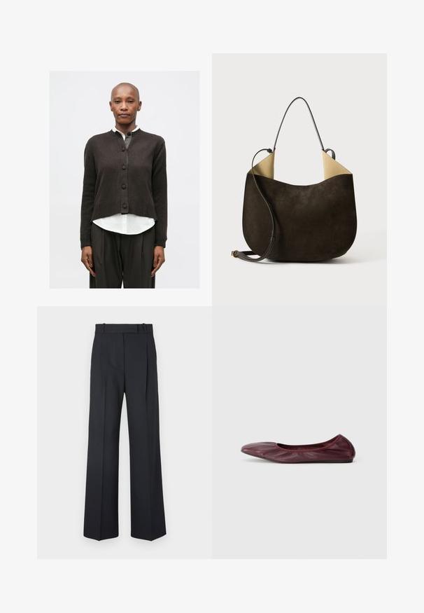 Femeie cheală, îmbrăcată cu un cardigan închis la culoare, cămașă albă, pantaloni largi închiși la culoare, botine negre până la gleznă și purtând o geantă de umăr închisă, stând în fața unui fundal alb.; Cămașă din tricot cu mânecă lungă, gri, cu guler rotund, siluetă mulată, textură netedă, fără logo-uri sau embellishments vizibile.; Pantaloni în dungi de culoare albastru închis, cu talie înaltă, design cu broek larghi și fără hardware sau embellishments vizibile. Textură netedă și croi adaptat.; Balerini din piele burgundă închisă, cu vârf rotunjit, rim elastic și textură netedă cu detalii subtile de pliere.; Geantă de mână din suede de culoare maro închis, cu o textură netedă, un design minimalist și un interior de culoare deschisă contrastantă. Dispune de o curea lungă din piele.