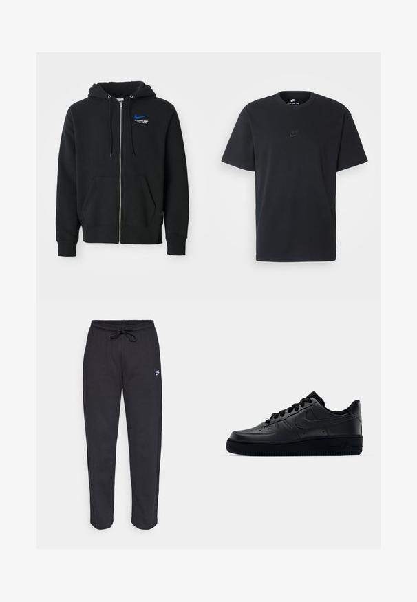 Sort zip-up hoodie med frontlommer, hætte med snoretræk, og lille blå Nike-logo med teksten "Athletic Dept Just Do It" på brystet.; Nike sort bomulds t-shirt med en klassisk rund hals, korte ærmer og et diskret, præget logo på brystet. Glat tekstur.; Sorte sweatpants lavet af blødt stof med elastisk talje, snøre og et lille Nike-logo på venstre lår.; Sort Nike Air Force 1 sneaker med en glat læderoverdel, perforeret tå for åndbarhed, sorte snørebånd og en textured gummisål.