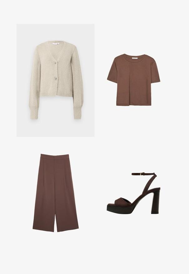 Bež pleteni kardigan z dolgimi rokavi, z V-izrezom, rebrastimi manšetami in robom ter dvema dekorativnima gumboma v obliki srebrne pentlje.; Rjava kratka majica s kratkimi rokavi iz mehkega materiala, s krožnim izrezom in ohlapnim krojem. Brez vidnih vzorcev ali dodatkov.; Rjave široke hlače z gladko teksturo, ki imajo visok pas in sprednje naborke. Tkanina je lahka in prosto pada.; Rjave semiš sandale z visoko peto, odprto spredaj, z nastavljivim gležnjenjem in črtastim podplatom.