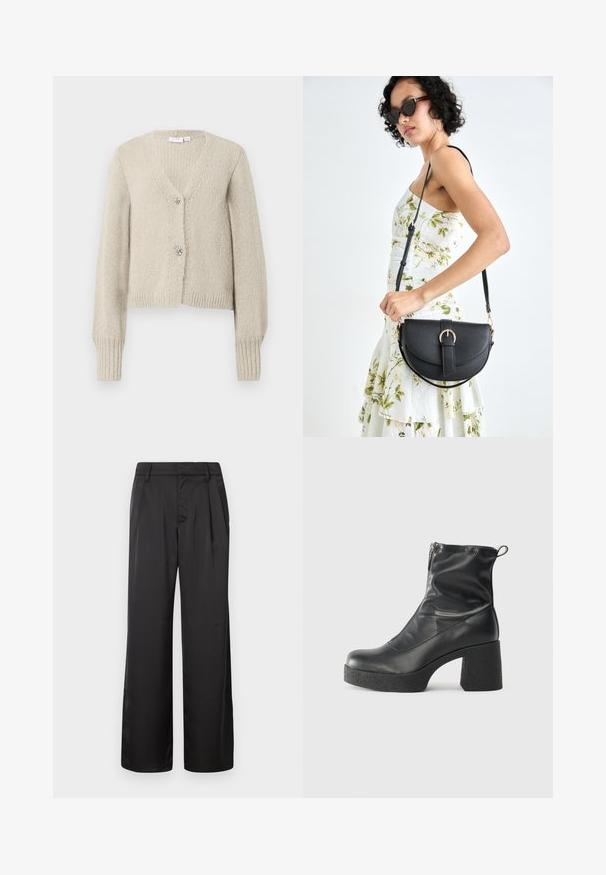 Beige pletený cardigan s dlouhými rukávy, véčkovým výstřihem, žebrovanými manžetami a lemem a dvěma dekorativními stříbrnými knoflíky ve tvaru mašlí.; Bílé dlouhé rukávy žebrované tričko s kulatým výstřihem. Hladký povrch, přiléhavý střih a žádné viditelné vzory ani akcenty. Jednoduchý a minimalistický styl.; Černé široké kalhoty z hladké tkaniny, s plisovaným předním dílem, bočními kapsami a páskem s krejčovským střihem.; Černé kotníkové boty vyrobené z hladké kůže, s bočním zipem, robustním strukturovaným podpatkem a kulatou špičkou.; Černá kožená kabelka s křivkovým tvarem, odnímatelným popruhem a zlatými detaily. Kabelka má klopu s přezkou.