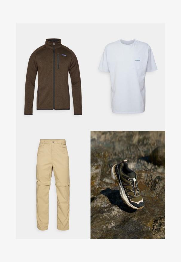 Camisa de anora castanha com gola alta, fecho de correr completo e dois bolsos laterais. Apresenta um pequeno logótipo azul da Patagonia no canto superior esquerdo.; T-shirt de algodão branco com mangas curtas, gola redonda e um bolso no lado esquerdo do peito com o logótipo azul "Patagonia". Ajuste clássico com uma textura suave.; Calças bege com fecho de zip, com uma textura suave, apresentando dois bolsos laterais, um fecho de botão e punhos que se podem enrolar para maior versatilidade.; Calçado de caminhada em verde-oliva e preto com detalhes em rosa. Apresenta um cabedal texturizado, sola flexível, ponta reforçada e um sistema de atacadores coloridos.