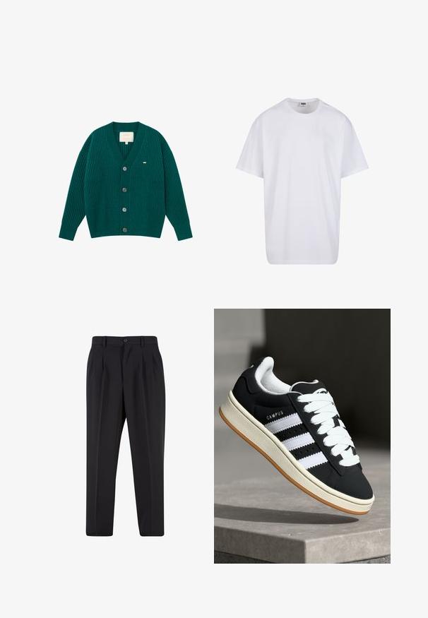 BLKVIS LOGO CARDIGAN - Kardigán - bottle green; Biela bavlnená tričko s krátkymi rukávmi, okrúhlym výstrihom, uvoľneným strihom a žiadnymi viditeľnými logami alebo vzormi. Hladká textúra a minimálny dizajn.; Čierne nohavice s plisovaným predným dizajnom, vyrobené z hladkej látky. Majú zapínanie na gombík a pútka na opasok; rovný strih.; Čierna teniska s bielymi pruhmi, šnurovanie, textúrovaný vrchný materiál a gumová podrážka. Na boku je logo "CAMPUS" a podrážka je hnedá.