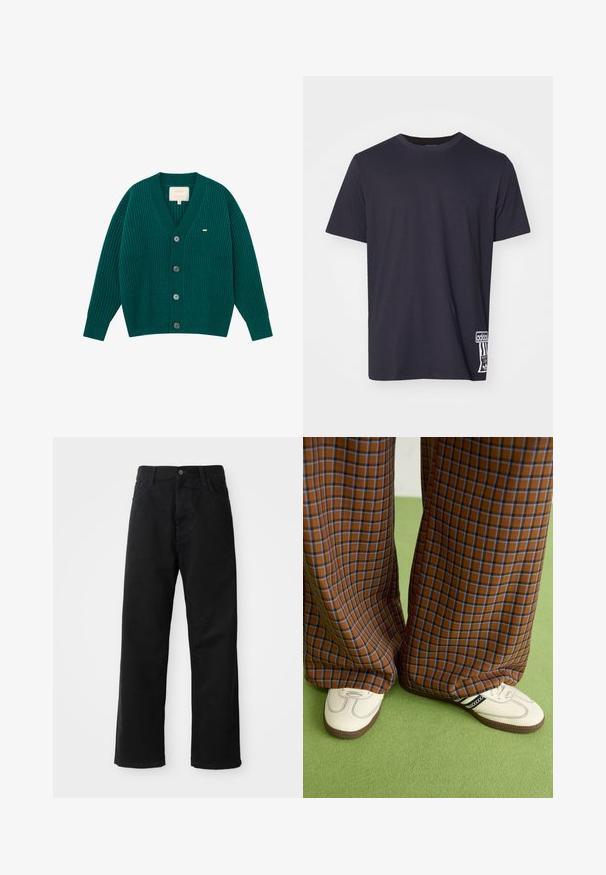 BLKVIS LOGO CARDIGAN - Ζακέτα - bottle green; Μαύρο βαμβακερό T-shirt με στρογγυλή λαιμόκοψη, κοντά μανίκια και λευκή ετικέτα λογότυπου στο κάτω μέρος. Λείος υφασμάτινος τύπος, κανονική εφαρμογή.; Μαύρο τζιν παντελόνι με ίσια γραμμή, που διαθέτει μπροστινές τσέπες, φερμουάρ και ένα μόνο κουμπί στην κορυφή. Υφασμάτινη επιφάνεια με ματ φινίρισμα.; Καφέ και μπλε καρό παντελόνια με φαρδιά πόδια, σε συνδυασμό με λευκά παπούτσια που έχουν μαύρες λεπτομέρειες και υφασμάτινες σόλες, τοποθετημένα σε πράσινο φόντο.