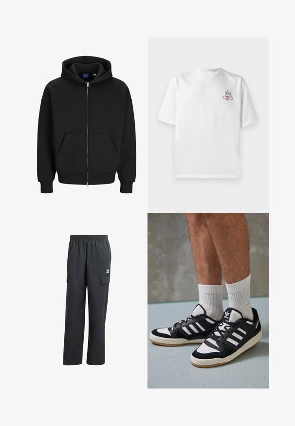 Jack & Jones EINFARBIG - Sweatjacke - black; Weißes Baumwoll-T-Shirt mit kurzen Ärmeln, das auf der linken Brustseite ein kleines pinkes und schwarzes Kaffeetassen-Graphic zeigt.; Schwarze Cargo-Hosen mit einem elastischen Bund, zwei Seitentaschen und einem dezenten Logo auf dem linken Oberschenkel. Hergestellt aus einem leichten Stoff.; Schwarz-weiße Sneaker mit einem Obermaterial aus Wildleder und Leder, ausgestattet mit drei weißen Streifen, einer perforierten Zehenpartie und einer Sohle aus Gummi.