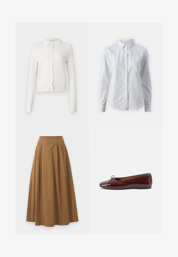 Cardigan en tricot blanc avec un col, fermeture à boutons à l'avant et des manches longues, présentant un design en maille ouverte et texturée.; Chemise blanche à manches longues en coton lisse, dotée d'un col classique et d'un ourlet arrondi. Les boutons sont petits et blancs.; Jupe A-line en coton brun avec taille haute, dotée de plis sur le devant et d'une texture lisse. Les finitions de l'ourlet sont nettes et simples.; Ballerines en cuir verni bordeaux avec un bout rond, un petit nœud décoratif à l'avant et une semelle en caoutchouc noire basse. Texture lisse.