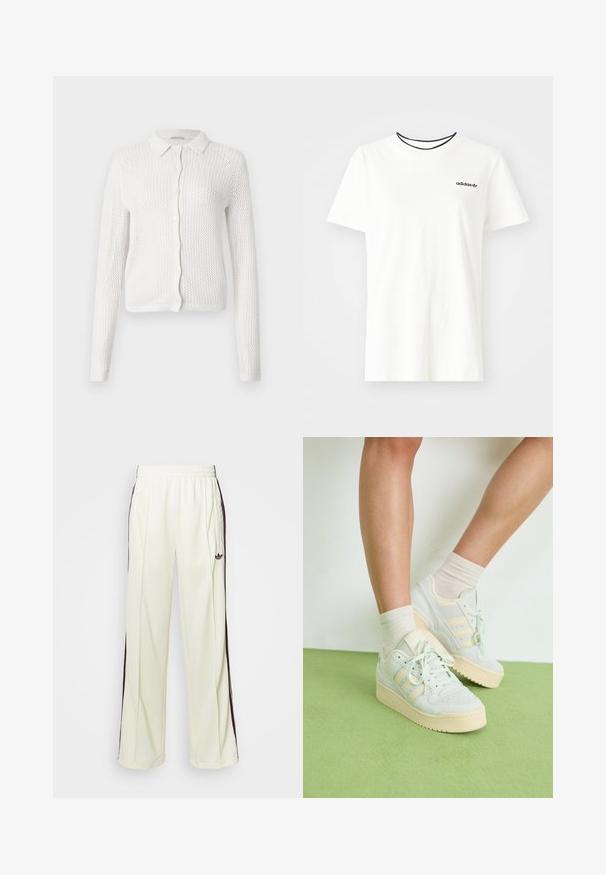 Hvit strikket cardigan med kragehals, knappfront og lange ermer som har et åpent, teksturert nett design.; Hvit bomull t-skjorte med korte ermer og rund hals. Har en svart Adidas-logo på brystet og en kontrasterende svart indre krage.; Kremfargede joggebukser med en avslappet passform, som har mørkebrune sidestriper og en brodert logo på venstre lår.; Lys grønne sneakers med en tekstureret overflade, der har tre hvide striber, en cremefarvet gummisål og snørebåndsdesign. Bæret med lyse strømper.