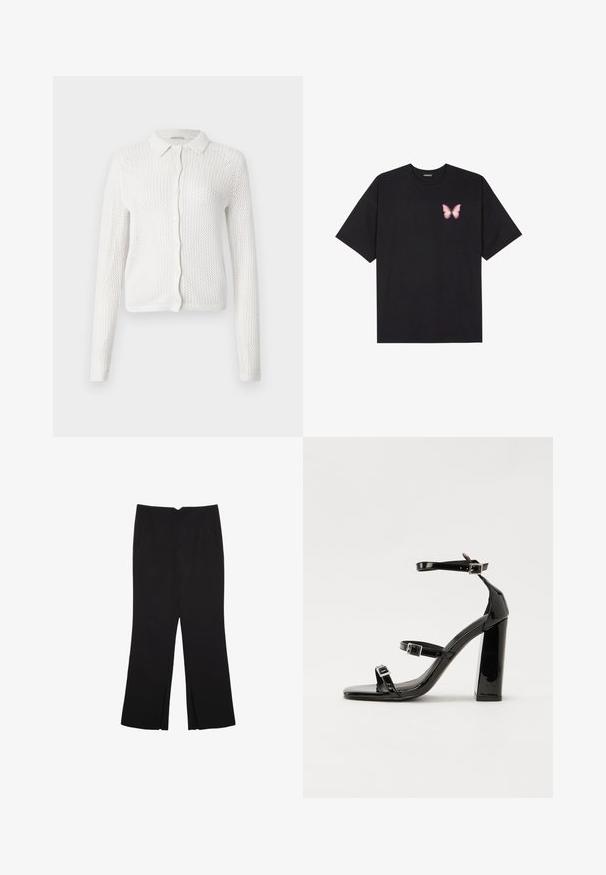 Cardigan bianco lavorato a maglia con colletto, chiusura a bottoni e maniche lunghe, caratterizzato da un design a rete aperta e testurizzata.; T-shirt nera in cotone con maniche corte, caratterizzata da una piccola grafica di una farfalla rosa sul lato sinistro del petto. Design a girocollo con una vestibilità rilassata.; Pantaloni neri a gamba dritta, con tasche frontali e spacchi laterali all'orlo. Realizzati in tessuto morbido e liscio. Adatti a diverse occasioni.; Sandali con tacco in vernice nera, con punta squadrata, cinturini alla caviglia e fibbie in argento. Presentano un tacco a blocco spesso per maggiore stabilità.
