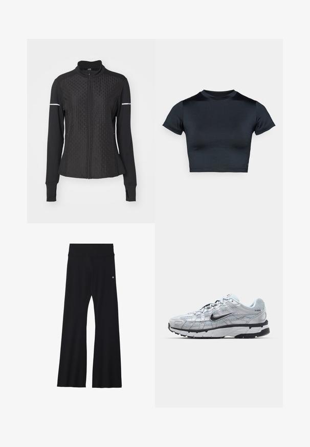 ONLY Play ONPTRACK czarny; Krótki top z krótkim rękawem w ciemnym granacie, wykonany z gładkiej, elastycznej tkaniny. Posiada okrągły dekolt i minimalne przeszycia. Brak widocznych logo.; Czarne, rozszerzane spodnie do jogi z elastycznego materiału, z szerokim pasem i małym logo w pobliżu biodra. Gładka tekstura, bez wzorów.; Nike P-6000 sneakers z jasnoszarym siateczkowym wierzchem, czarnymi akcentami i trwałą czarną gumową podeszwą. Charakteryzują się skomplikowanym wzornictwem i systemem sznurowania.