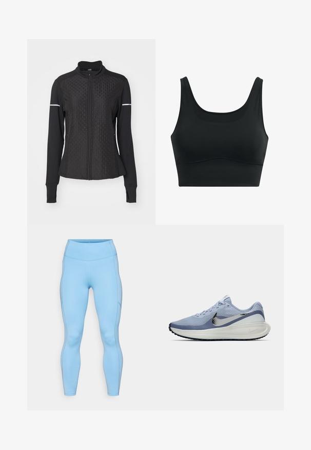 ONLY Play ONPTRACK WARM - Sweatjacke - black; Schwarzer Sport-BH aus glattem Stoff, mit Rundhalsausschnitt, breiten Trägern und nahtlosem Design mit abgerundetem Saum.; Helle blaue Leggings aus dehnbarem Stoff. Mit hohem Bund, glattem Material und geschwungenen Nähten entlang der Beine.; Hellblau-weißer Nike-Laufschuh mit silbernem Swoosh, atmungsaktivem Mesh-Obermaterial, gepolstertem Sohlen und schwarzem Außensohlenprofil.