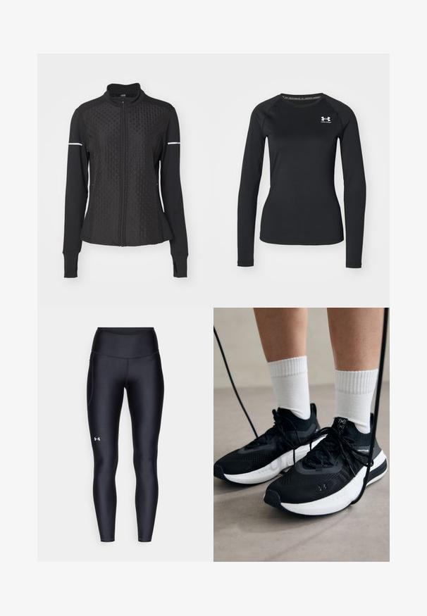 ONLY Play ONPTRACK WARM - Zip-up sweatshirt - black; Black long-sleeve athletic shirt made of smooth fabric, featuring a round neckline and a small white logo on the left chest.; Black leggings made of smooth, stretchy material with a high waistband. Features a white logo on the left thigh and fitted design.; Black athletic shoes with textured fabric, white sole, and black laces. Worn with white ribbed socks, standing on a light surface.