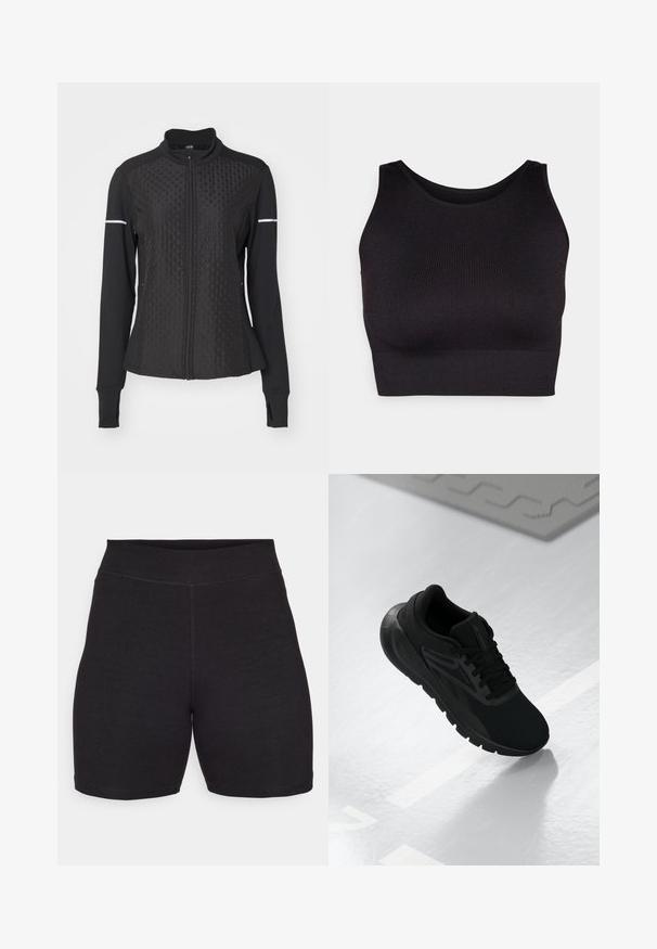 ONLY Play ONPTRACK WARM - Sweater met rits - black; Zwarte geribbelde crop top met een hoge halslijn en brede armsgaten, uitgevoerd in een zachte, rekbare stof voor comfort en een naadloos ontwerp.; Zwarte fietsshorts met hoge taille, gemaakt van rekbare, zachte stof. Beschikt over platte naden en een gladde textuur voor comfort.; Zwarte sportschoen met een bovenwerk van mesh, ronde neus, cushioned zool en textuuraccenten, geplaatst op een gladde witte ondergrond.
