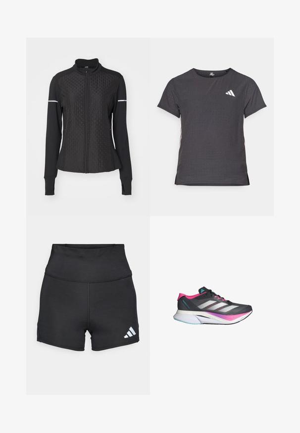 ONLY Play ONPTRACK WARM - Sweater met rits - black; Korte mouwen sport t-shirt, donkergrijs met geperforeerde textuur. Bevat een wit logo en contrasterende zijstrepen. Ronde halslijn.; adidas Performance Tights - black; Hardloopschoen met een grijze mesh bovenkant, roze accenten en witte strepen. Beschikt over een gevoerde zool en een slank, aerodynamisch ontwerp.