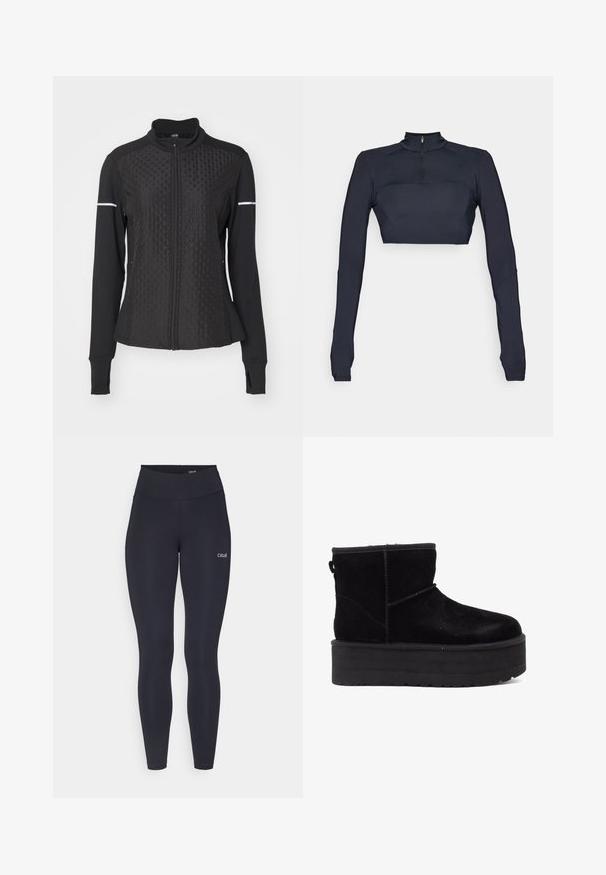 ONLY Play ONPTRACK WARM - Sweatjakke - black; Mørkeblå langærmet crop top med en mock neck og kvart lynlås, der har teksturerede skulderpaneler og en tætsiddende silhuet.; Sorte leggings med høj talje, lavet af strækbart stof, med et lille hvidt logo på låret og en glat overflade.; Sorte suede ankelstøvler med en tyk platformsål og blødt foer. Afsluttet med stikninger og en bageste strop for nem påtagning.