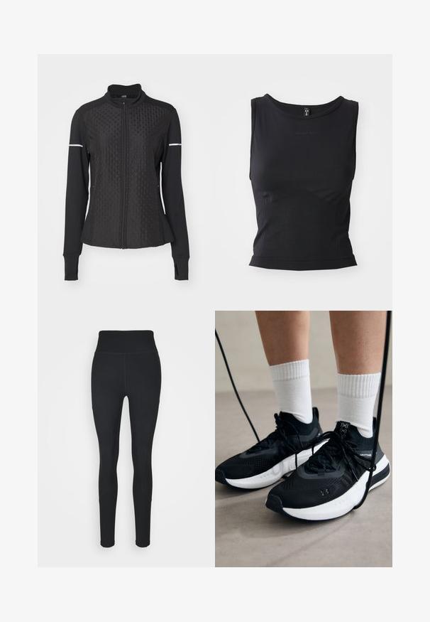 ONLY Play ONPTRACK WARM - Jaka ar rāvējslēdzēju - black; Melnā bezpiedurkņu sporta tops, izgatavots no gludas auduma, ar apaļu kakla izgriezumu un pieguļošu siluetu, kuru rotā smalks logotipa elements.; Melnas legingi, izgatavoti no elastīga auduma, ar augstu jostasvietu, ribotām paneļiem sānos un pieguļošu dizainu, kas pieguļ potītēm.; Melni sporta apavi ar strukturētu audumu, balta zole un melni šņores. Valkāti ar baltām ribotām zeķēm, stāvot uz gaišas virsmas.