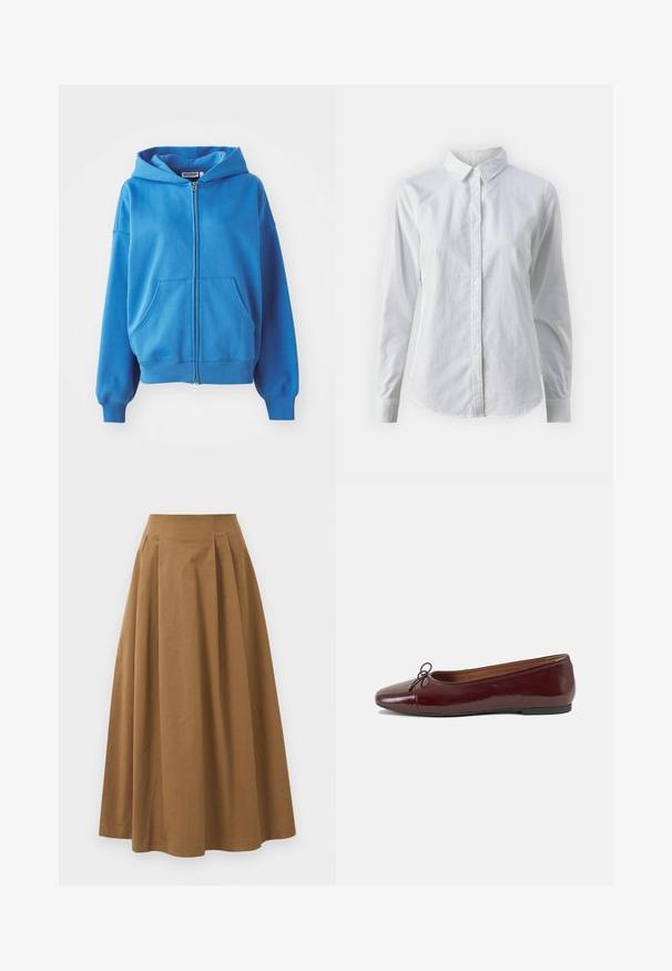 Kék cipzáros kapucnis pulóver, két elülső zsebbel, bordás mandzsettákkal és aljjal. Puha anyagból készült, sima tapintású és egyszerű dizájnnal rendelkezik.; Fehér, sima pamutből készült gombos ing, klasszikus gallérral, hosszú ujjakkal és ívelt hemvéggel. A gombok kicsik és fehérek.; Barna pamut A-vonalú szoknya magas derékkal, elöl pliszézett és sima textúrával. Az alsó szegélyek letisztultak és egyszerűek.; Burgundi lakkbőr balettcipő kerek orral, elöl kis masni díszítéssel és alacsony, fekete gumi talppal. Simára csiszolt felület.