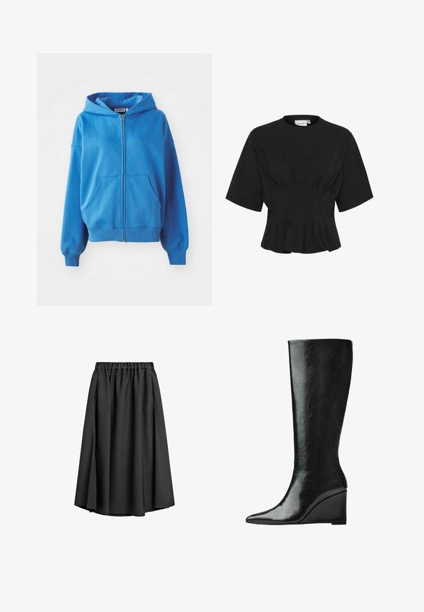 Felpa blu con zip e cappuccio, due tasche frontali, polsini e orlo a coste. Realizzata in tessuto morbido, presenta una trama liscia e un design semplice.; Top nero a maniche corte con scollatura rotonda, caratterizzato da dettagli plissettati e un corpetto aderente che si allarga all'orlo. Realizzato in tessuto morbido.; Gonna nera midi realizzata in tessuto leggero e fluido, con vita elasticizzata e una leggera silhouette a A. Nessun motivo o accento visibile.; Stivali in pelle nera alti fino al ginocchio, con punta affilata e tacco a zeppa. La superficie è liscia con una finitura lucida.