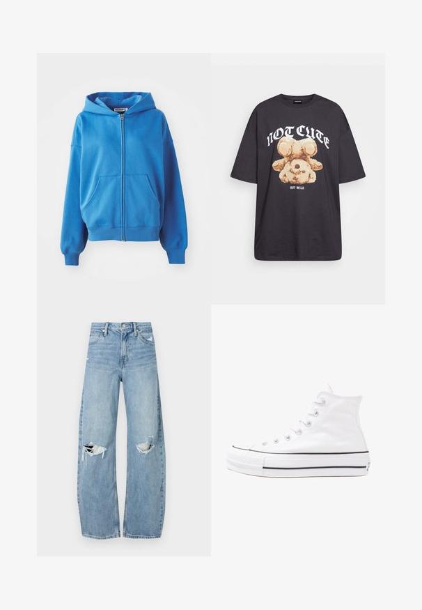 Sweatshirt azul com fecho éclair, capuz, dois bolsos frontais, punhos e bainha canelados. Feito de tecido macio, com uma textura suave e um design simples.; T-shirt oversized preto com uma gráfica de um urso e o texto "NÃO FOFO, MAS SELVAGEM" em letras brancas e em negrito. Material em algodão.; Jeans de lavagem clara, de cintura alta, feitos de denim. Apresentam pernas largas, duas áreas rasgadas nos joelhos e o estilo clássico de cinco bolsos.; Sapatilha alta de tela branca com sola de borracha preta, bico de borracha na frente e seis ilhós para os atacadores, apresentando um design limpo e minimalista.