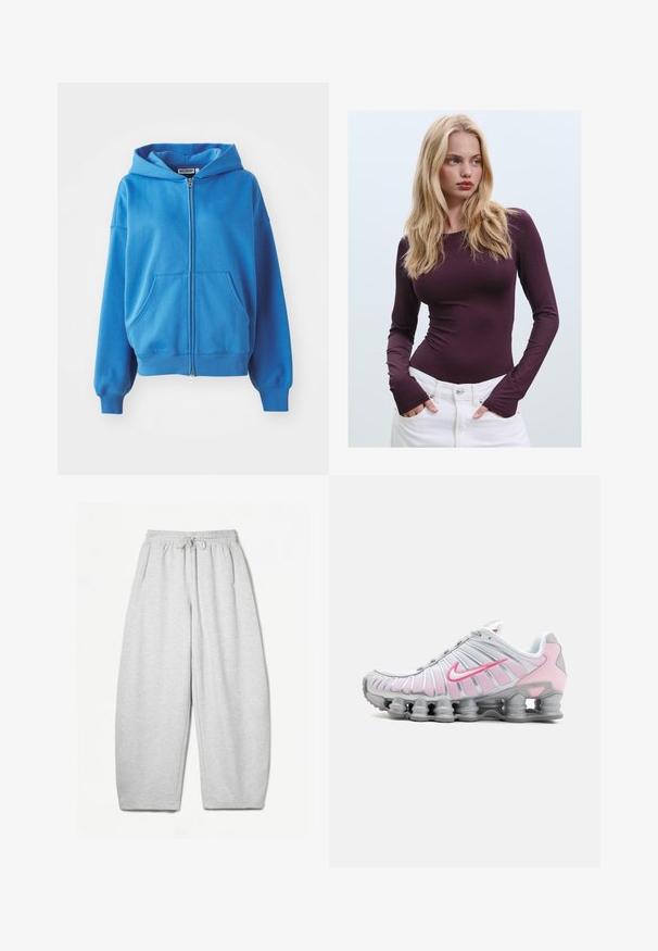 Plava zip-up dukserica s kapuljačom, dva prednja džepa, rebrasti rukavi i donji rub. Izrađena od mekog materijala, sa glatkom teksturom i jednostavnim dizajnom.; Burgundska majica dugih rukava s uskim krojem, okruglim izrezom i otvorima za palčeve, u kombinaciji s bijelim hlačama visokoga struka. Glatka tkanina i rastezljiv materijal.; Svijetlosivi dukserica s opuštenim krojem, elastičnim pojasom, vezicom i bočnim džepovima; izrađeni od mekanog, teksturiranog materijala.; Nike atletska obuća u bijeloj i svijetlosmešanoj boji. Ima mrežasti gornji dio i karakterističnu zakrivljenu potplat s vidljivim zračnim jastučićima.