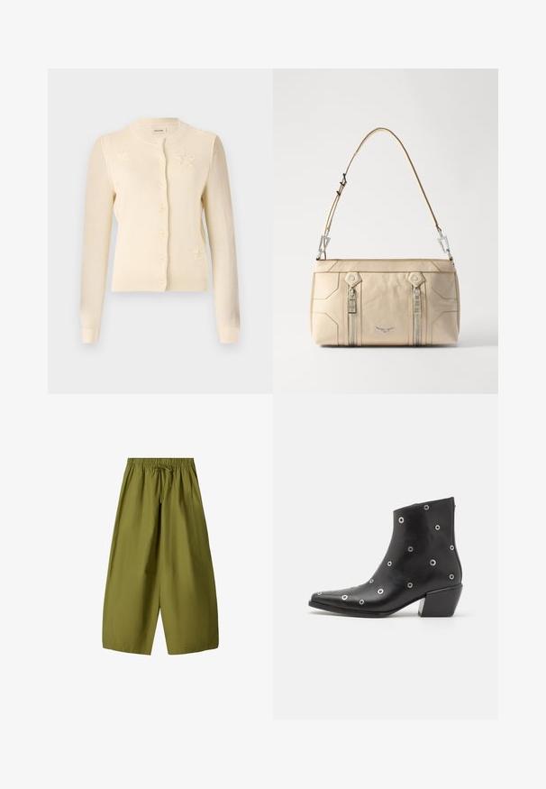 Cremefarbener Cardigan mit Rundhalsausschnitt, Knopfverschluss und Sternmustern auf der Vorderseite. Hergestellt aus weichem Strickstoff mit gerippten Manschetten.; Drei Rundhals-T-Shirts in Schwarz, Olivgrün und Weiß. Kurzarm, gerippte Ausschnitte und eine körperbetonte Passform.; Olivgrüne, weit geschnittene Hose mit elastischem Bund und Kordelzug. Hergestellt aus leichtem Stoff, mit zwei Seitentaschen.; Schwarze Leder-Ankle-Boots mit silbernen Ösen-Details, spitzer Zehenform und Blockabsatz. Schickes Design mit glatter Textur.; Beige Lederhandtasche mit silbernen Beschlägen, zwei seitlichen Reißverschlüssen, strukturiertem Design und einem abnehmbaren Trageriemen für Vielseitigkeit.