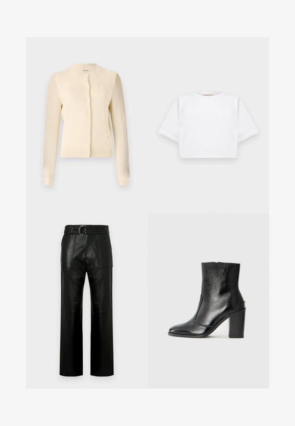 Cardigan crema con scollo rotondo, chiusura con bottoni e motivi a stella sul davanti. Realizzato in morbido tessuto a maglia con polsini a costine.; T-shirt bianca cropped realizzata in tessuto morbido, con maniche corte, scollo rotondo e dettagli a costine sull'orlo. Design semplice e senza fronzoli.; Pantaloni in pelle nera a vita alta con gambe ampie, grandi tasche anteriori a toppa e una cintura coordinata con fibbia a doppio anello.; Stivale alla caviglia in pelle nera, con una superficie liscia, punta affilata e tacco alto e massiccio. Presenta una apertura laterale e un design minimalista.