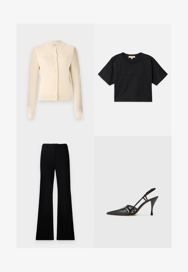 Kreem värvi kardigan ümmarguse kaelusega, nööbiga kinnitamine ja ees tähtede mustrid. Valmistatud pehmest kudumist kangast, millel on soonikkoes mansetid.; Must have mustakroot särk, mis on valmistatud puuvillast. Omab ümmargust kaelust ja lühikesi varrukaid. Ees on sama värviga tikitud "MICHAEL KORS".; Mustad flared püksid, millel on sile tekstuur, kohandatud vöökoht ja ees olevad taskud, kujundatud laisa, modernse siluetiga.; Must musta kõrgtehnoloogiline suss, terava ninaga, ristcross rihmade disainiga ja õhukese stilettokontsaga. Sile tekstuur ja minimaalne kaunistus.