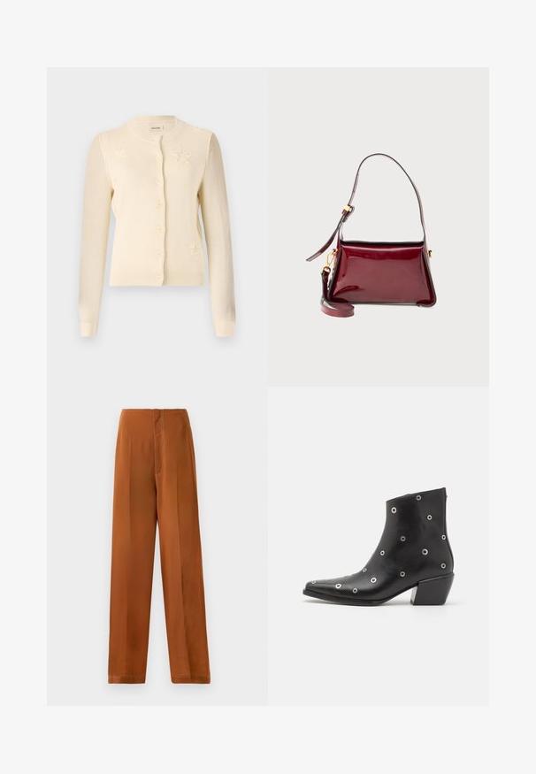 Krémový kardigan s kulatým výstřihem, zapínáním na knoflíky a hvězdicovými vzory na přední straně. Vyrobeno z měkké pleteniny s žebrovanými manžetami.; Polo tričko s krátkým rukávem v krémové barvě s černými pruhy. Má zapínání na knoflíky, pletenou texturu a prodyšný design.; Kalhoty s širokými nohavicemi v teplé hnědé barvě, s hladkým povrchem, vysokým pasem a kontrastním bílým šitím podél švů.; Černá kožená kotníková bota se stříbrnými kroužkovými detaily, špičatou špičkou a blokovým podpatkem. Elegantní design s hladkým povrchem.; Bordó lakovaná kabelka se strukturálním designem, s horním zipovým uzávěrem a odnímatelným ramenním popruhem. Zlaté akcenty.