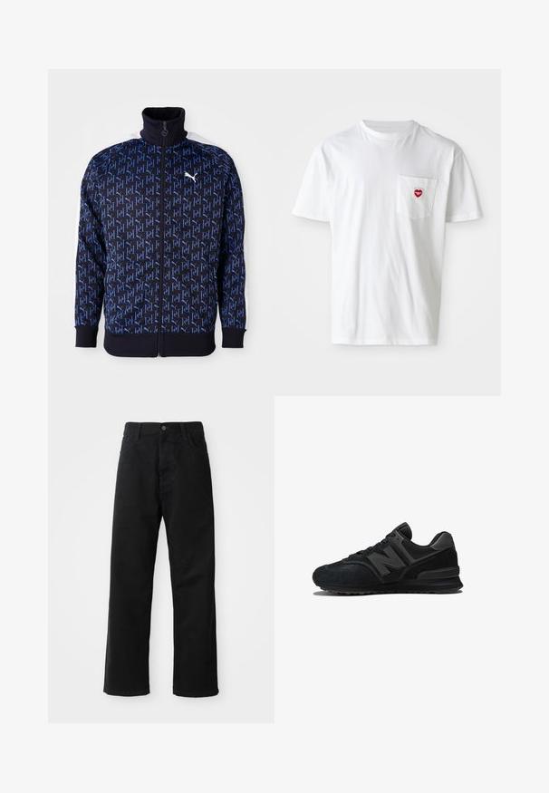 Marine zip-up jack met een herhalend blauw logo patroon, hoge kraag, witte zijkanten en ribgebreide mouwen en zoom voor een aansluitende look.; Witte katoenen T-shirt met een ronde hals en korte mouwen. Bevat een klein rood hartlogo op de linkerkant van de borstzak.; Zwarte denim broek met een rechte pasvorm, voorzien van voorzakken, een rits en een enkele bovenste knoop. Gestructureerde stof met een matte afwerking.; Zwarte sneaker met een bovenwerk van suede en mesh, een dikke zool en een opvallend 'N'-logo op de zijkant. Heeft een gestructureerd ontwerp met veter sluiting.