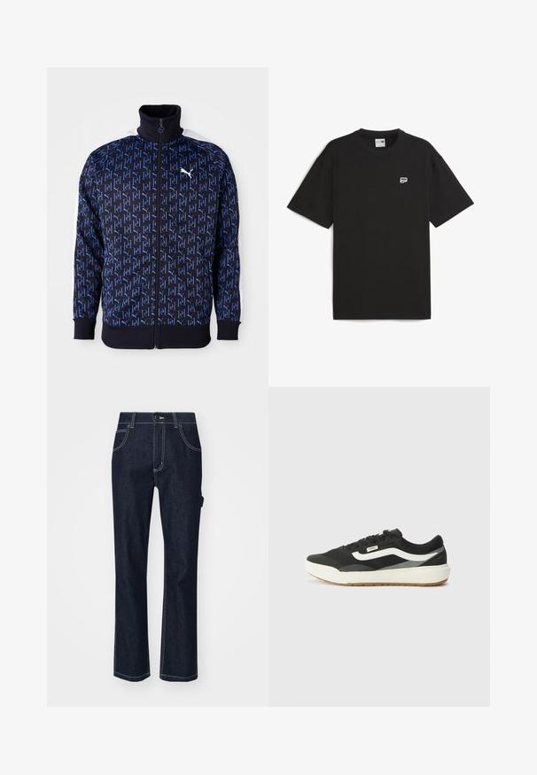 Navy zip-up jacket with a repeating blue logo pattern, high collar, white side panels, and ribbed cuffs and hem for a fitted look.; Black short-sleeve t-shirt made of cotton, featuring a crew neckline and small white logo on the chest. Simple, relaxed fit.; Dark blue denim jeans with a straight-leg design, featuring five pockets, contrasting stitching, and a button closure at the waistband.; Black sneakers with white accents, featuring a smooth synthetic upper, round shape, and rubber sole, paired with light beige trousers.