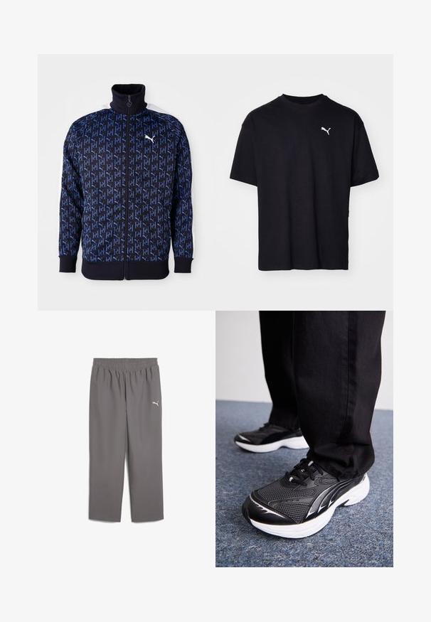 Tumed zip-up jope, millel on korduv sinine logo muster, kõrge krae, valged külgpaneelid ning soonikkoes mansetid ja alläär, mis annavad kitsendatud välimuse.; Must ärav t-särk lühikeste varrukatega, ümmargune kaelus ja valge Puma logo vasakul ülaosas rinnal. Klassikaline lõige, sile tekstuur.; Hallid hallid sportpüksid elastse vöökohtaga, valmistatud kergest kangast. Vasakul jalal on väike valge logo.; Mustad mustavid jalatsid, millel on võrgusilmast pealistus, valge tald ja mustad aktsendid. Tallal on tekstuur. Kandmine mustade pükste ja sinise vaipkattega pinnal.