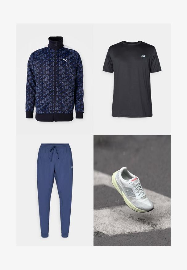 Jūrų laivyno zip-up striukė su pasikartojančia mėlyna logotipo raštu, aukštu apykakle, baltais šonų įdėklais ir guma baigiais bei rankogaliais, kad būtų pasiekiamas prigludęs įvaizdis.; New Balance Sportiniai marškinėliai trumpomis rankovėmis - black; Tamsiai mėlynos sportinės kelnės su elastinga juosta, raišteliu ir siaurėjančiais rankogaliais. Yra šoninės kišenės ir mažas logotipas ant vienos kojos.; Lengvi bėgimo bateliai su balta tinkline viršutinės dalies medžiaga, geltonu vidpadžiu ir pilkais akcentais. Sukurti su išsiskiriančiu „N“ logotipu ir tekstūruota paviršiumi.