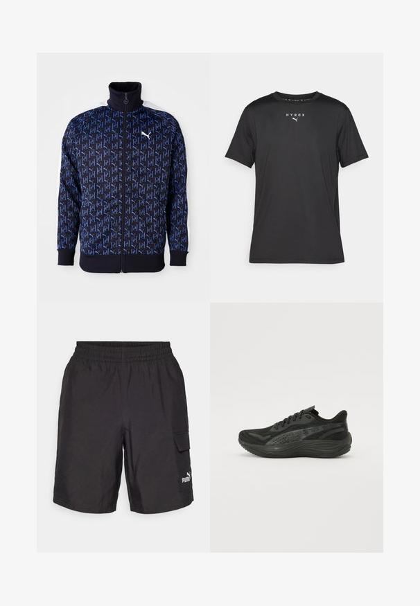Sötétkék zip-up dzseki, ismétlődő kék logó mintával, magas gallérral, fehér oldalmerevítőkkel és bordázott mandzsettákkal és aljjal a sportos, testhezálló megjelenésért.; Fekete, rövid ujjú sportpóló könnyű anyagból. Kerek nyakkivágással és elöl nyomtatott "HYROX" logóval, valamint Puma emblémával rendelkezik.; Fekete cargo sort rugalmas derékkal, oldalsó zsebekkel és fehér Puma logóval a bal lábon. Könnyű anyagból készült.; Fekete sportcipő, texturált hálós felsőrésszel, lapos fűzőkkel és párnázott talppal, finom fényvisszaverő részletekkel.