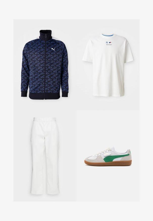 Giacca zip-up blu navy con motivo a logo blu ripetuto, colletto alto, pannelli laterali bianchi e polsini e fondo a coste per un look aderente.; T-shirt bianca in cotone a maniche corte, con una rifinitura del colletto blu e il logo BMW Motorsport stampato sul davanti. Texture liscia, vestibilità comoda.; Pantaloni in cotone bianchi con design a gamba dritta, passanti per cintura e tasche laterali, con una texture liscia e dettagli minimi.; Puma PALERMO UNISEX - Sneakers basse - white/vapor gray/archive green
