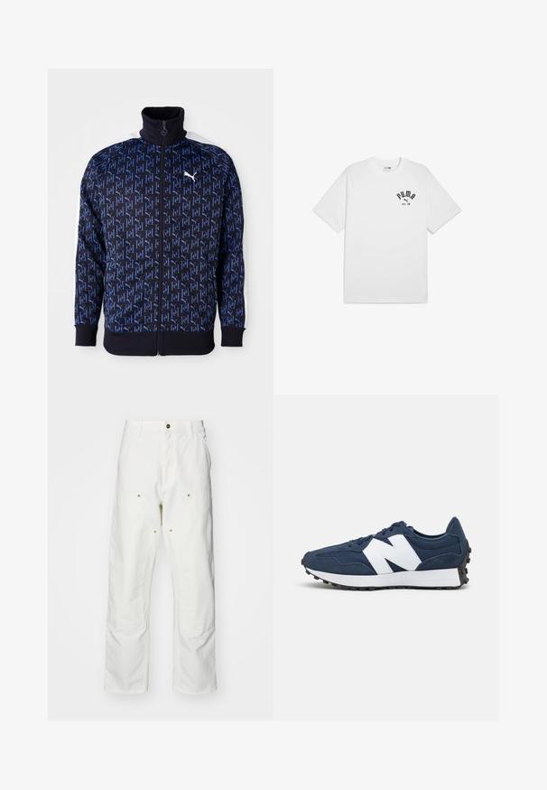 Giacca zip-up blu navy con motivo a logo blu ripetuto, colletto alto, pannelli laterali bianchi e polsini e fondo a coste per un look aderente.; T-shirt bianca in cotone con maniche corte e scollo rotondo, con un logo stampato nero sul petto. Design semplice e classico.; Pantaloni cargo bianchi in cotone con vestibilità rilassata. Tra le caratteristiche ci sono tasche frontali, dettagli in metallo dorato e sezioni rinforzate sulle ginocchia.; Scarpe da ginnastica blu navy con logo bianco, superiore in suede e mesh, dotate di collo imbottito, lacci piatti e suola in gomma nera testurizzata.
