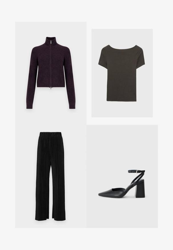 Zúžený tmavofialový sveter na zips s vysokým golierom, dlhými rukávmi a hladkou textúrou. Má strieborný zips a minimalistický dizajn.; Tmavošedý top s krátkym rukávom a lodičkovým výstrihom. Vyrobený z rebrovanej látky, s voľným strihom a čistým lemovaním. Jednoduchý dizajn, bez vzorov.; Čierne plisované nohavice s elastickým pásom. Majú široké nohavice a hladkú, textúrovanú látku s vertikálnymi pruhmi.; Čierne kožené lodičky s špicatou špičkou a členkovým remienkom, s masívnym podpätkom. Hladký povrch, elegantný dizajn a minimalistická estetika.