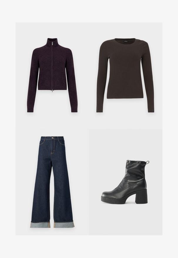 Tiukka, tummanvioletti vetoketjullinen neulepusero, jossa on korkea kaulus, pitkät hihat ja sileä pinta. Siinä on hopeanvärinen vetoketju ja minimalistinen muotoilu.; Ruskih, dugih rukava, rebrastih majica s okruglim izrezom. Izrađena od glatkog, rastezljivog materijala, s pripijenim krojem i minimalnim detaljima.; Kapelevat tummansiniset farkut, joissa on oranssit ompeleet, korkealla vyötäröllä, kaksi etutaskua ja käännetyt hihansuut, jotka esittelevät vaaleansinistä kontrastikangasta.; Mustat nilkkurit, jotka on valmistettu sileästä nahasta. Niissä on sivuvetoketju, paksu teksturoitu korko ja pyöristetty kärki.
