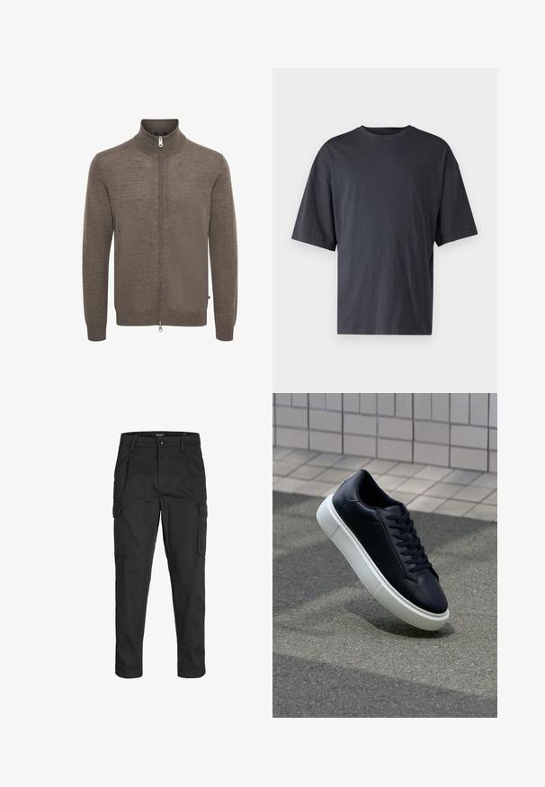 Brun zip-up tröja med hög krage, tillverkad av ett mjukt stickat material, med långa ärmar och en metallblixtlås.; Mörkgrå t-shirt med kort ärm i lättviktsbomull, med en lös passform och klassisk rundhalsringning, med slät textur och utan mönster.; Svarta cargobyxor tillverkade av hållbart tyg, med flera fickor, knappstängning och en smal passform med avsmalnande ben.; Svart lädersneaker med rundad tå och vit gummisula. Har platta snören och minimal sömnad på ovansidan. Texturerad sula för grepp.